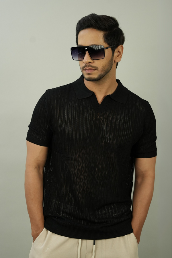 Men's Black Textured Polo TShirt | Modern Casual Style