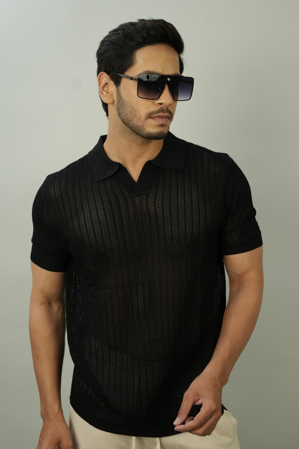 Men's Black Textured Polo TShirt | Modern Casual Style