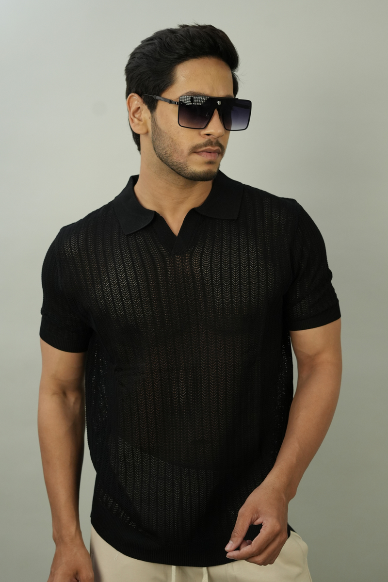 Men's Black Textured Polo TShirt | Modern Casual Style