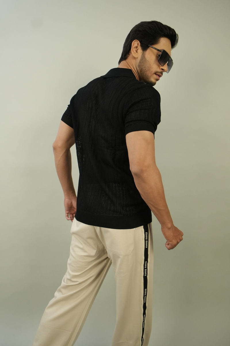 Men's Black Textured Polo TShirt | Modern Casual Style