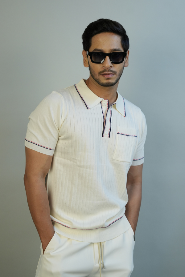 Men's Off-White Ribbed Polo T-Shirt | Modern Casual Style