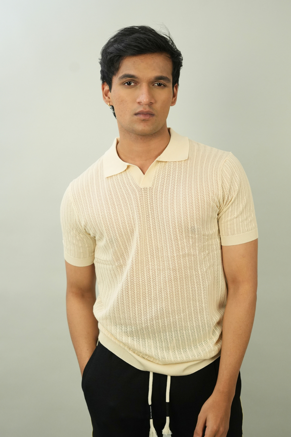 Men's Beige Ribbed Polo T-Shirt | Modern Casual Style