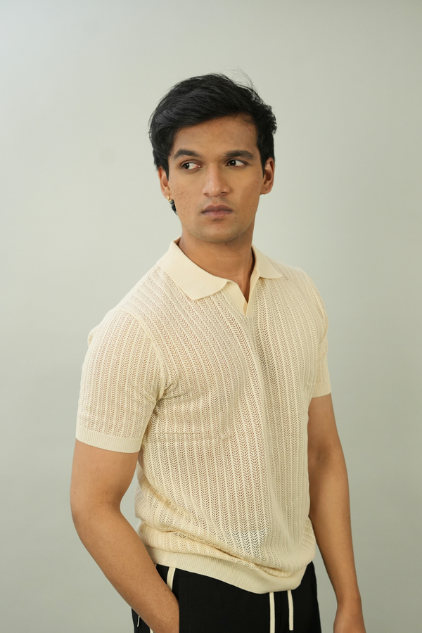 Men's Beige Ribbed Polo T-Shirt | Modern Casual Style