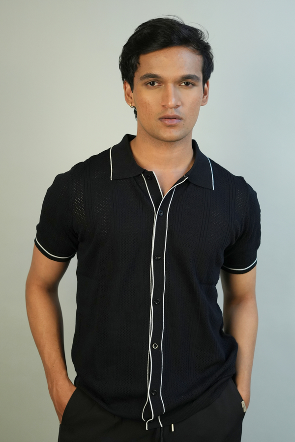 Men's Black Ribbed Shirt with Contrast Trim | Modern Casual Style