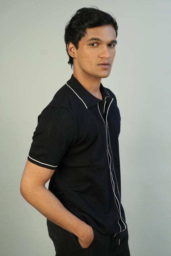 Men's Black Ribbed Shirt with Contrast Trim | Modern Casual Style