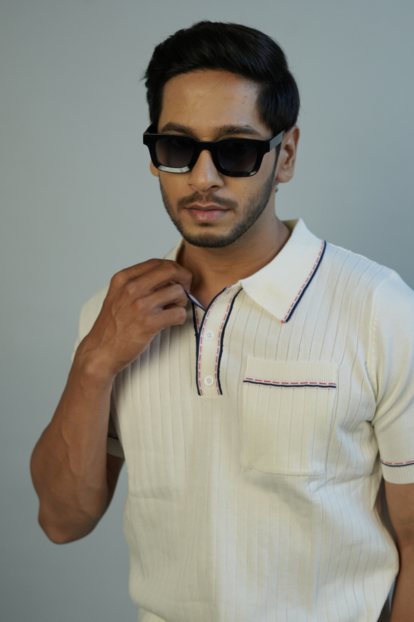 Men's Off-White Ribbed Polo T-Shirt | Modern Casual Style