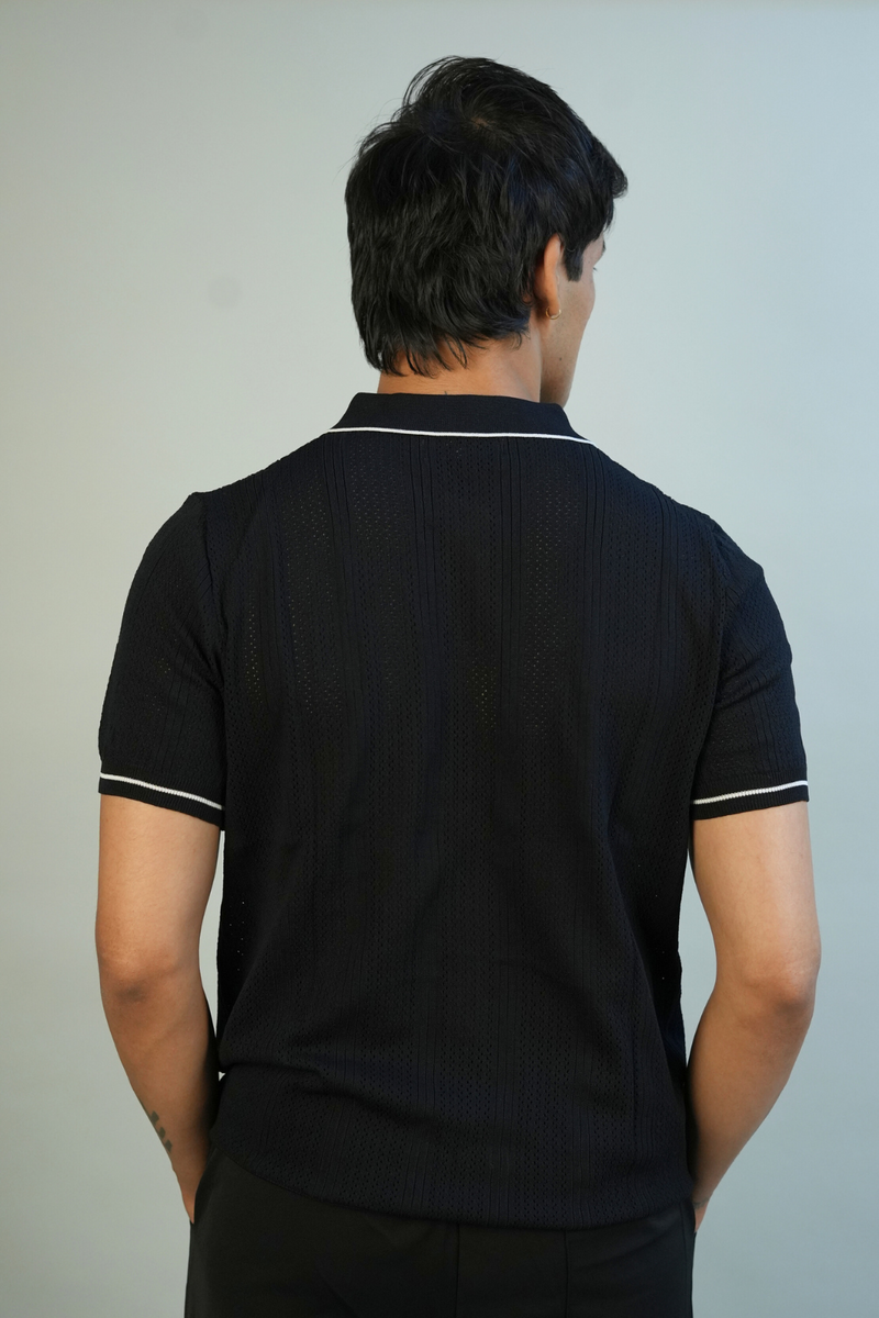 Men's Black Ribbed Shirt with Contrast Trim | Modern Casual Style
