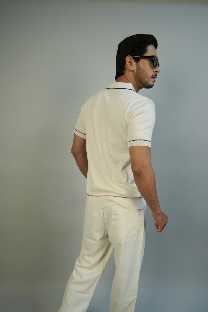 Men's Off-White Ribbed Polo T-Shirt | Modern Casual Style
