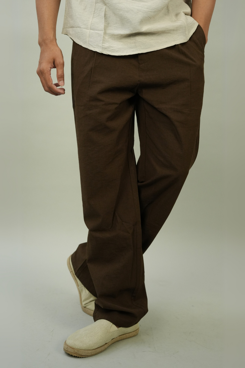 Dark Brown Cotton Linen Trousers for Casual Wear