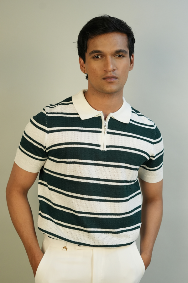 Men's Green & White Striped Polo T-Shirt | Modern Ribbed Design
