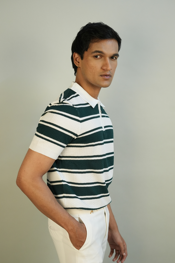 Men's Green & White Striped Polo T-Shirt | Modern Ribbed Design