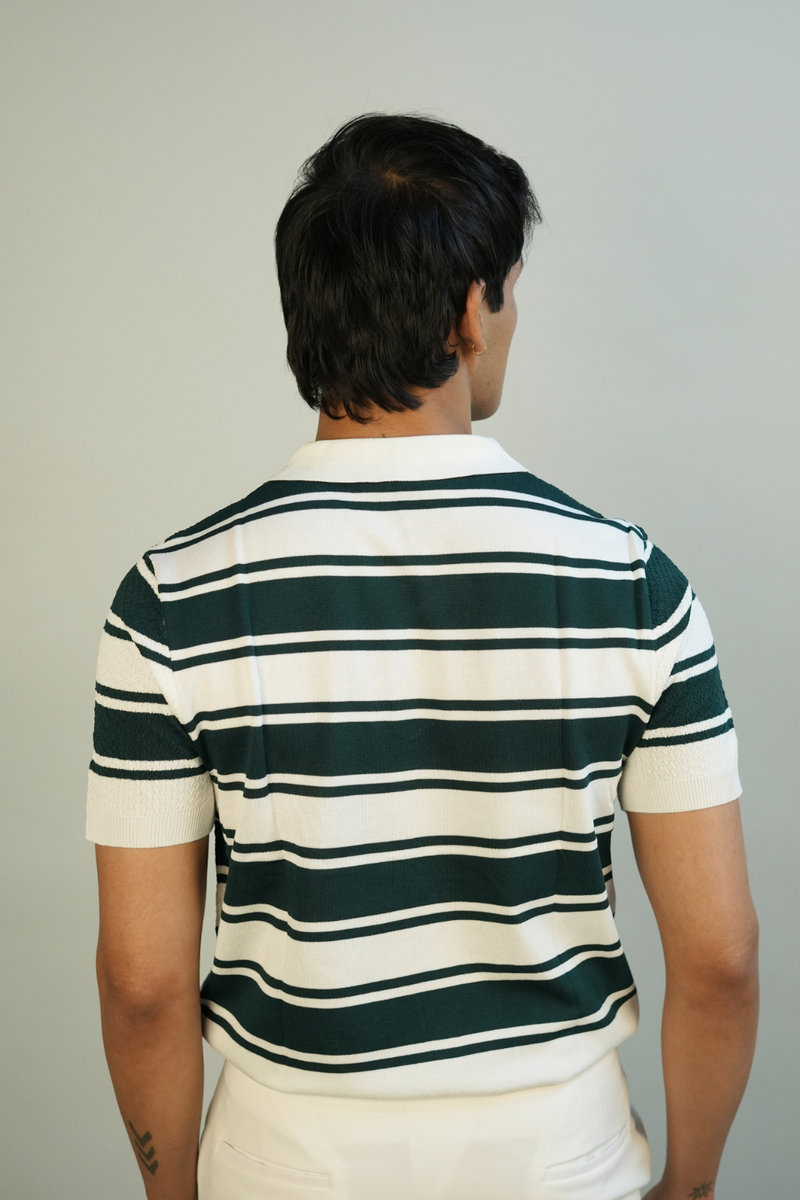 Men's Green & White Striped Polo T-Shirt | Modern Ribbed Design