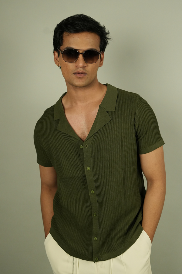 Men's Olive Green Ribbed Shirt | Modern Resort Style