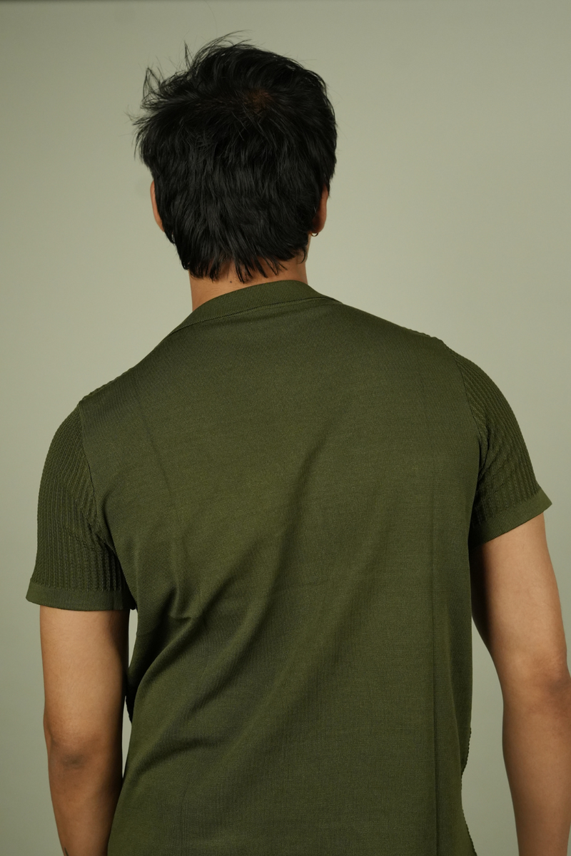 Men's Olive Green Ribbed Shirt | Modern Resort Style